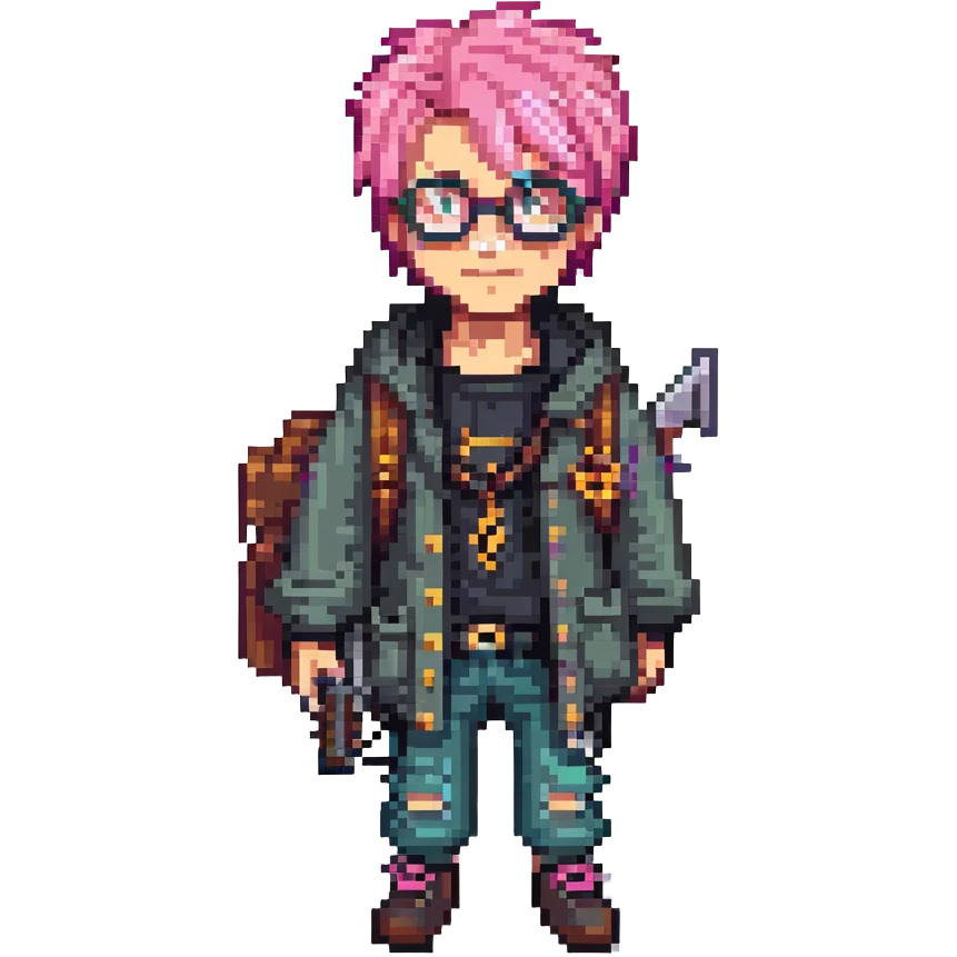 A punk guy with pink hair, wearing Harry Potter glasses, and holding an AK-47 emoji