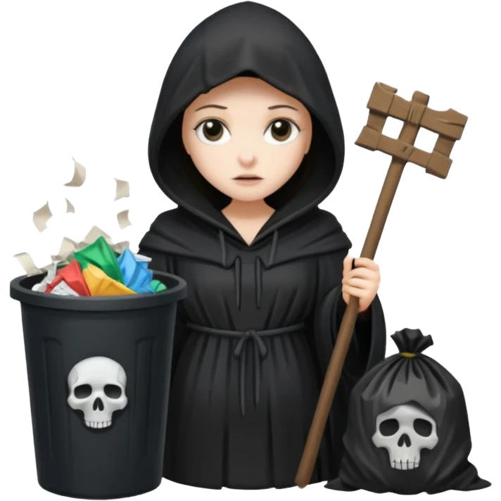 Girly grim reaper looking and a trash can with paper emoji