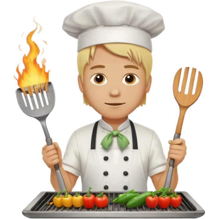 man with tied blond hair and and a white apron grilling vegetables on a sizzling grill emoji