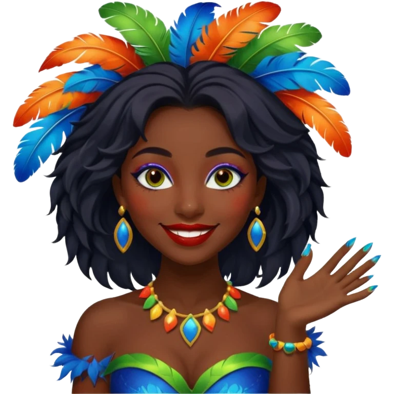 i need the same girl in "dark skin girl, dark red lipstick, nails very beautiful" to be smiling in "carnival mas costume, blue, green and orange preferably, full costume feathers at the back" she is to be smiling, hair should be dark shoulder length, black nail polish on her fingers  emoji