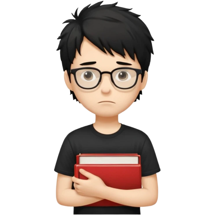 generate a pretty bratz fair skinned boy with black messy hair wearing a black tshirt looking bored n tired. Glasses on. holding books emoji