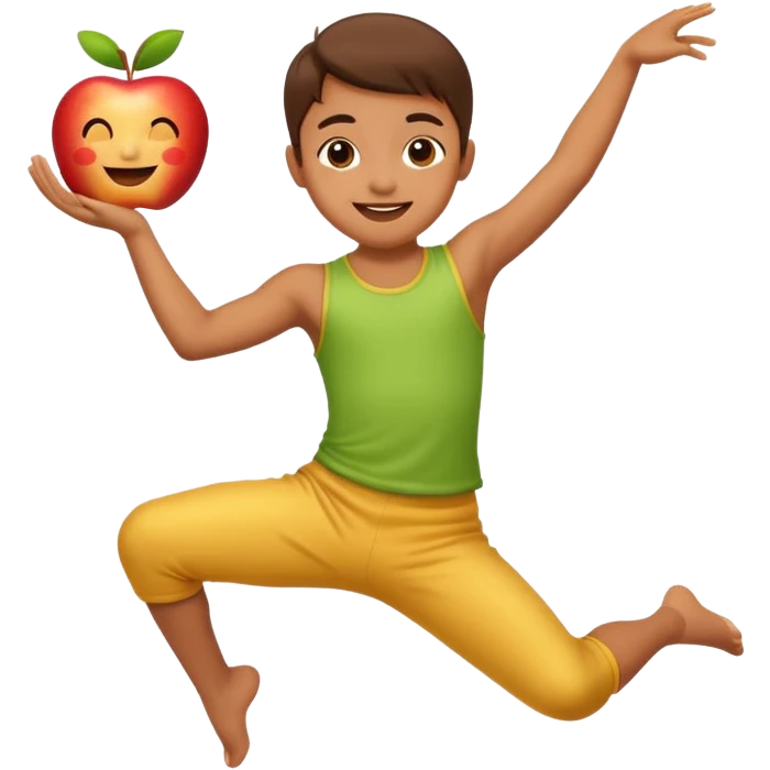 happy child dancing with a phone, doing a split jump, apple style emoji emoji