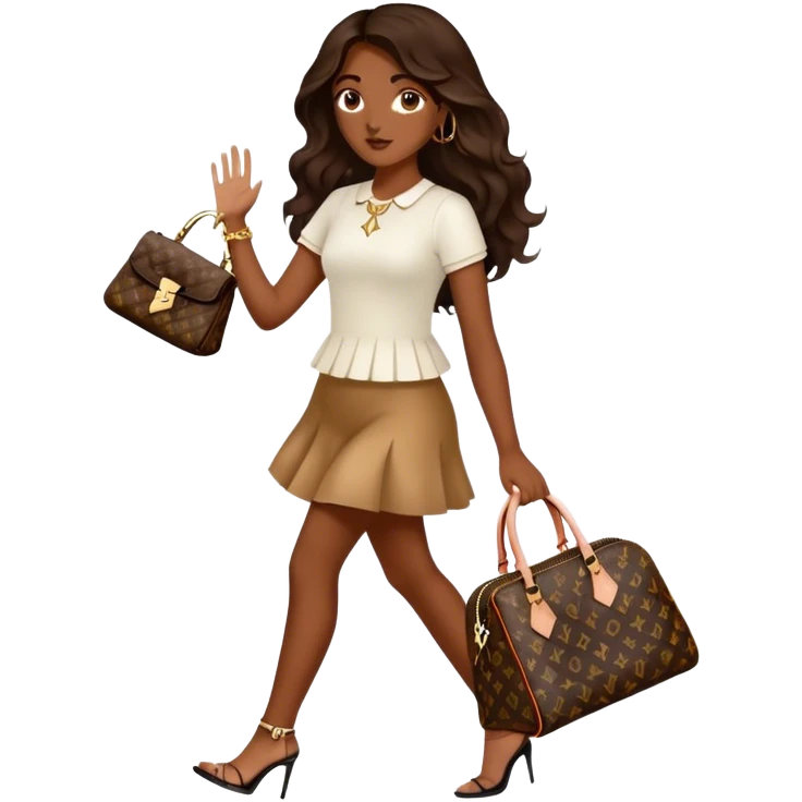  Brown girl with long dark brown medium wavy hair carrying one Louis Vuitton purse on her arm while walking  emoji