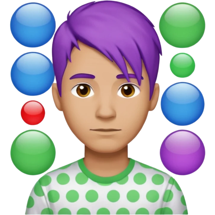 Man with green white shirt  with purple hair  with blue block with white circles with top ￼￼￼￼ emoji