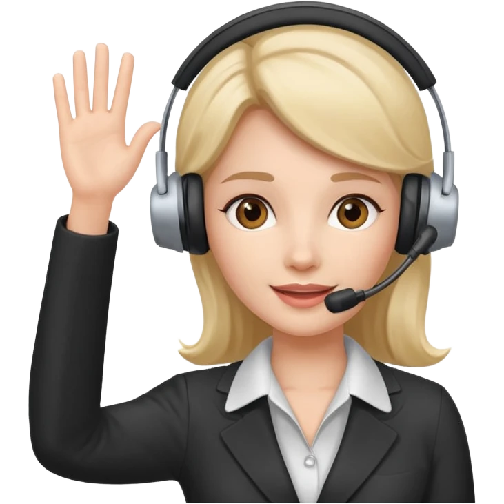 female phone support agent with headset microphone, waving emoji