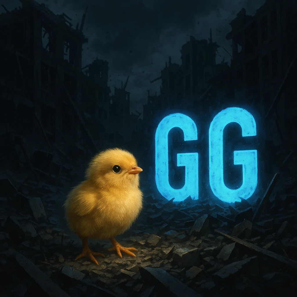 Chick in post-apocalyptic ruins with bright blue letters 'GG', dramatic and contrasting style, conveying hope in chaos, dark and impactful atmosphere. emoji