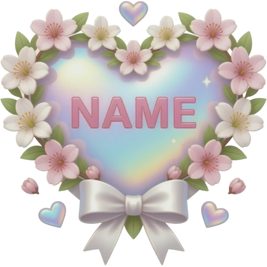 A Floral Heart formed from a ring of tiny glowing lilies and soft pink text 'NAME' cherry blossoms. A dainty silk ribbon bow is tied at the bottom. Ethereal, soft-focus lighting, iridescent finish, and floating Sparkling Hearts emoji