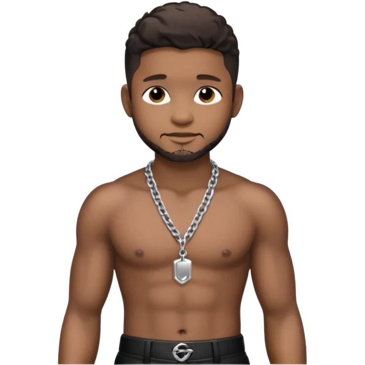 Usher with metallic black pants, shirtless with necklace, dark brown hair emoji
