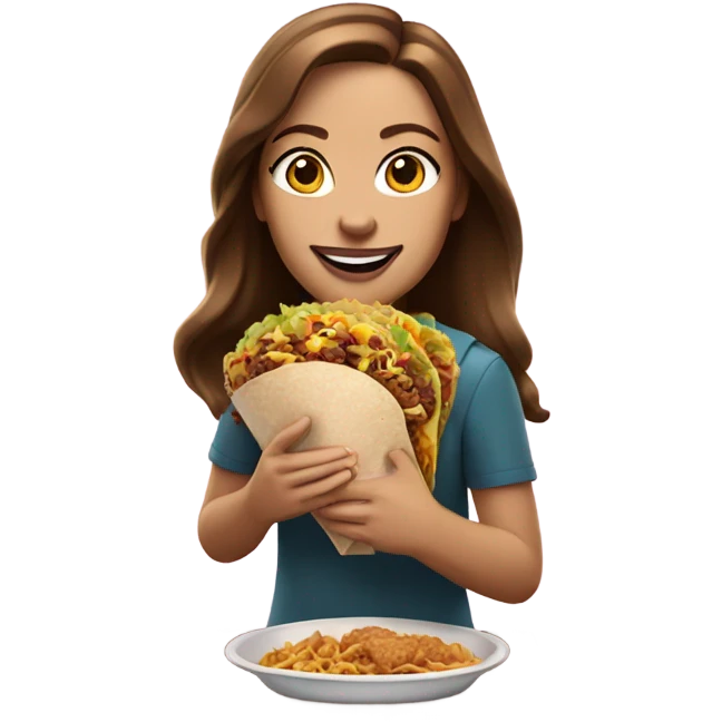 White girl with brown hair eating Taco Bell emoji
