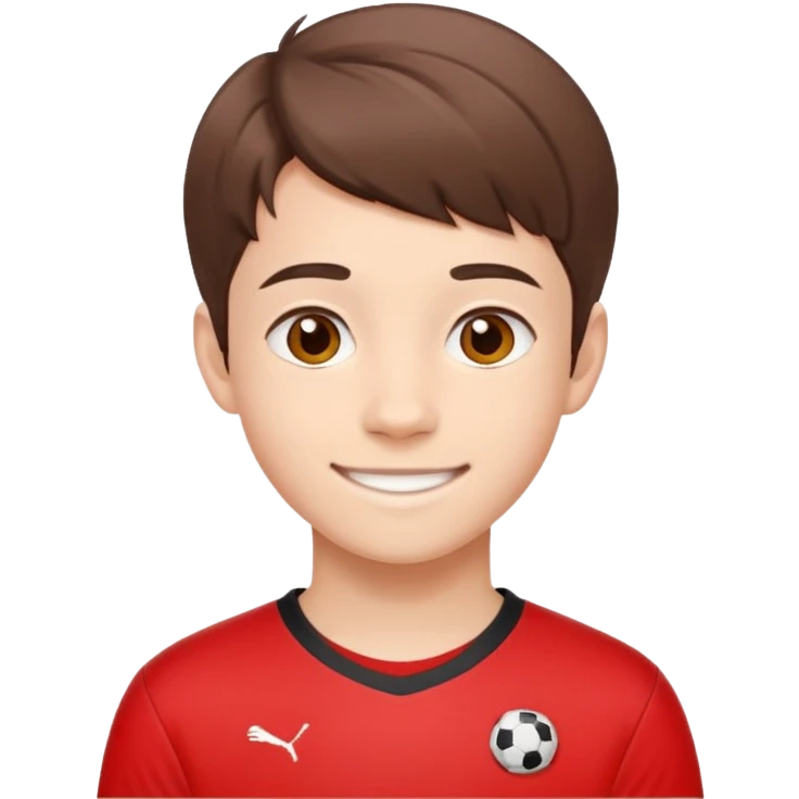 - Nam
- 15 tuổi
- Da trắng
- Tóc nâu, ngắn
- Cười mỉm
- Áo bóng đá màu đỏ
 emoji