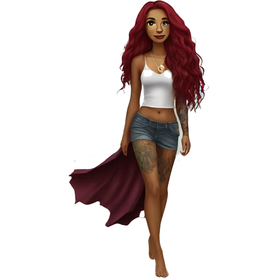 Beautiful tattooed  burgundy long haired woman walking on the beach emoji