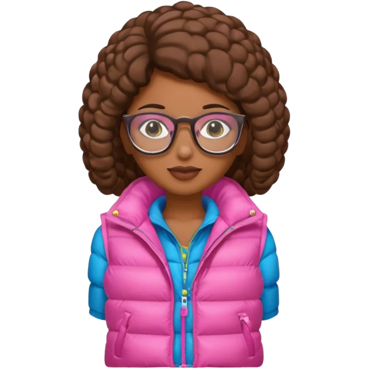 brown skin woman with glasses pink puffer vest emoji