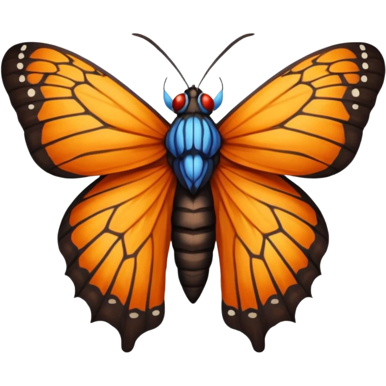 moth with blue eyes mornach butterfly wings orange and yellow with red godzilla eyes on the wings, brown tail, black Moth Insect Arms and legs almost like mothra emoji