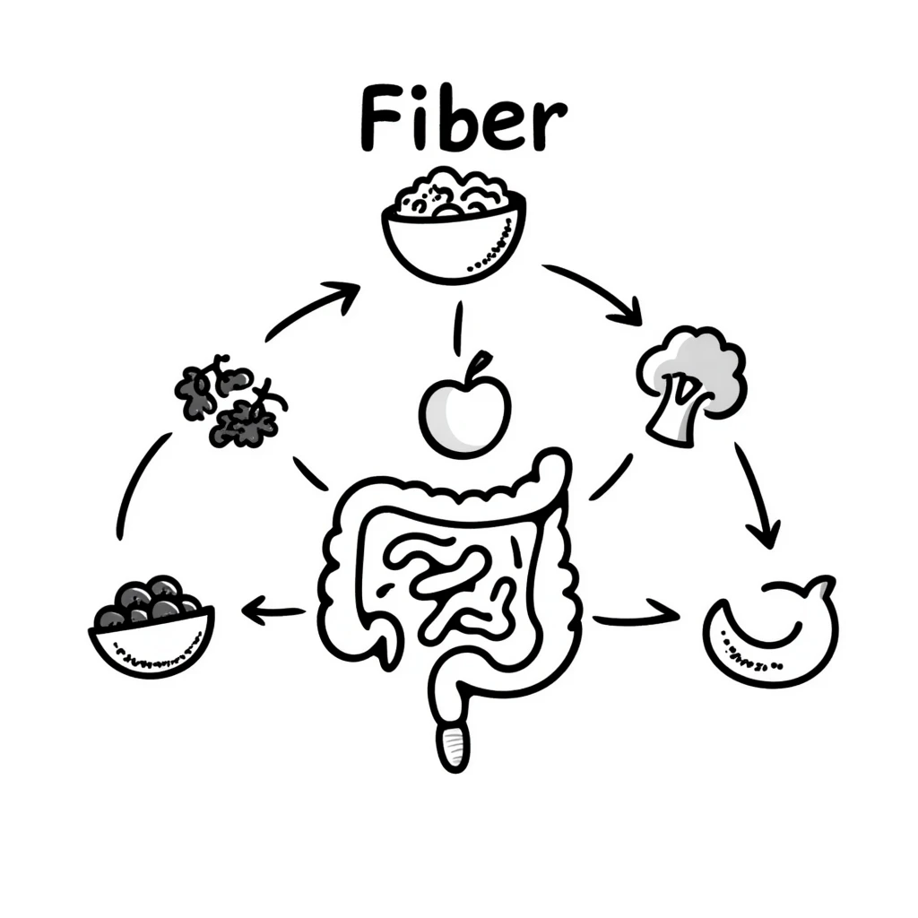 Hand-drawn doodle showing various fiber-rich foods like oats, beans, apples, berries, and broccoli with arrows pointing to a healthy intestine, with text showing 'Fiber' emoji