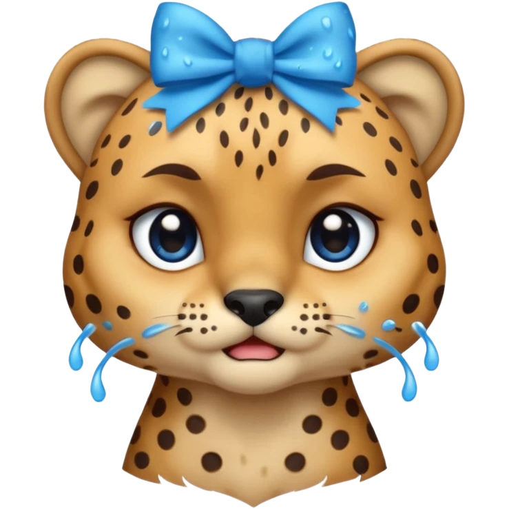 cute crying sad cheetah with blue bow standing  emoji