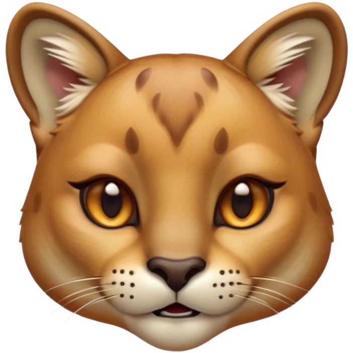 Cinematic Cute Cougar Portrait Emoji, Head tilted playfully and inquisitively, featuring a glossy, tawny Fur with delicate dark markings and round, sparkling amber eyes filled with curious mischief, Simplified yet irresistibly adorable features, highly detailed, glowing with a warm, friendly glow, high shine, affectionate and agile, stylized with a touch of wilderness whimsy, bright and endearing, soft glowing outline, capturing the essence of a mischievous yet loving cougar, so playful it feels like it could prowl out of the screen and into your arms! emoji