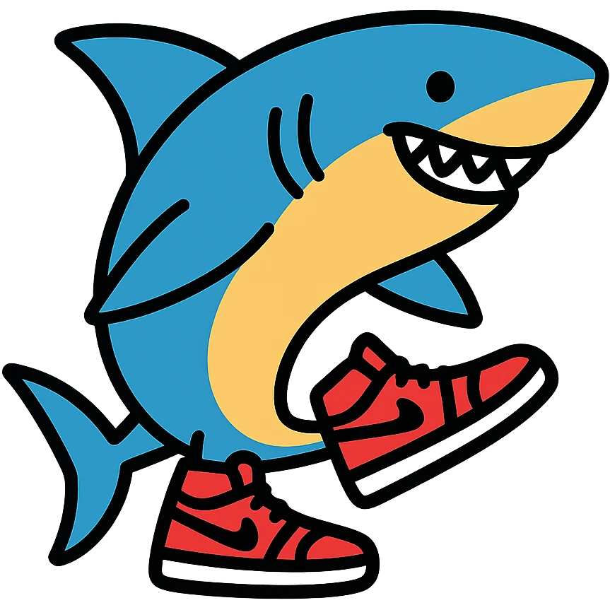 fun and bold colored outlined icon of a shark wearing Air Jordans on its fins and tail emoji