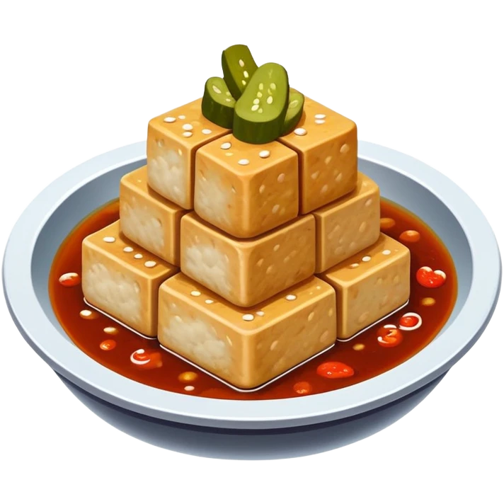 Stinky Tofu with sauce and pickles, simplified emoji style with bold outlines and bright colors, cartoon style dark fermented Chinese street food with steam emoji