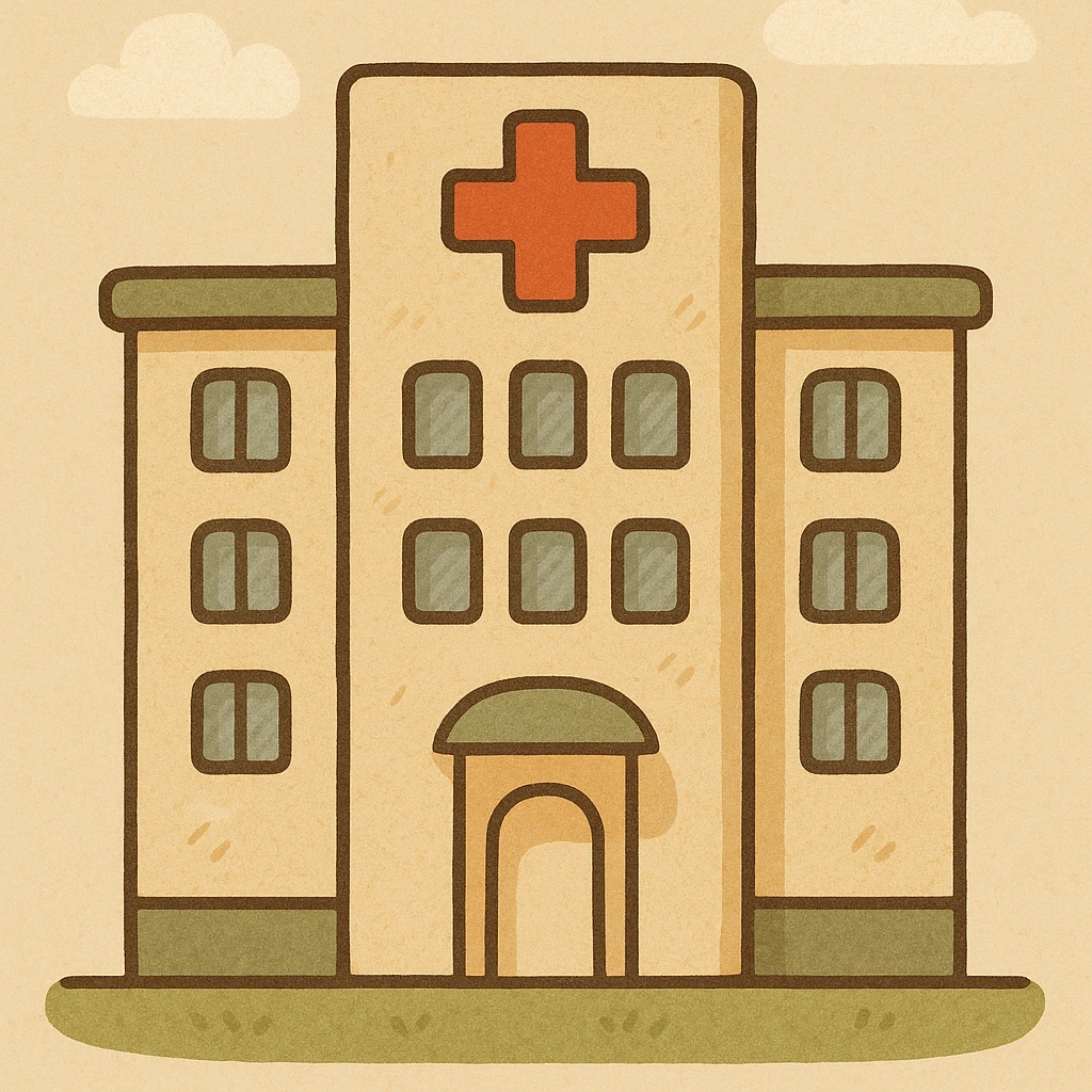 modern clean hospital building with a red cross emoji