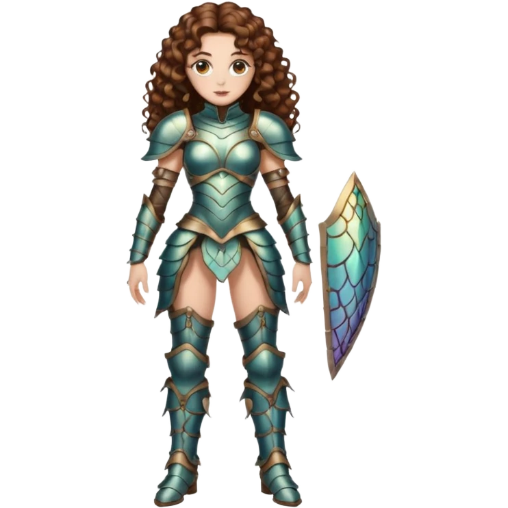 full body woman long curly brown hair brown eyes white skin tattoos beetle shell armor couture, iridescent plates, confident stance emoji