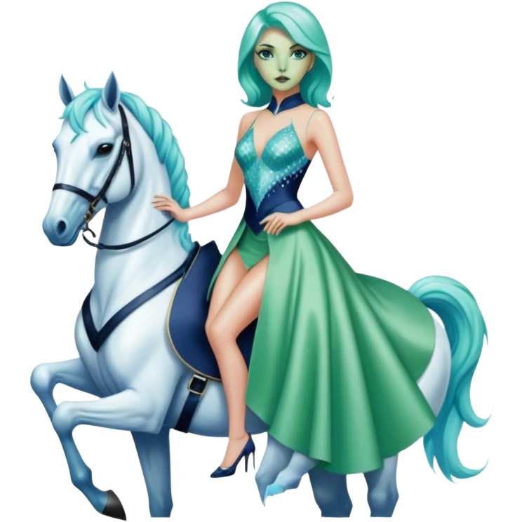 alien reptilian green skin woman, in short slim pastel blue formal party satin dress with gradient shiny sparkling navy blue diamonds embroidered , ride a White horse emoji