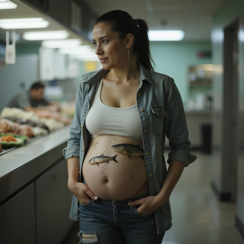 realistic pregnant woman in 4K walking away from salmon counter after reading information about parasites with fish counter showing fillets with visible parasites emoji
