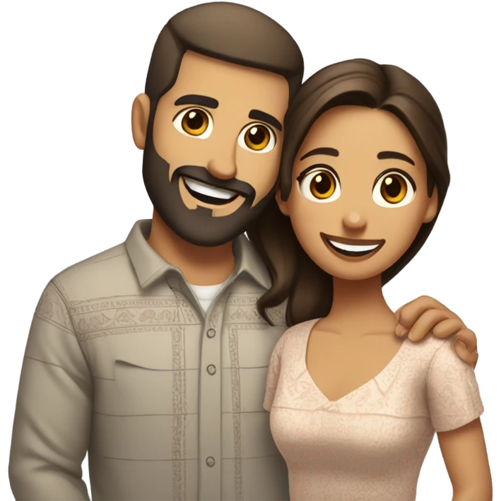 Brown-haired Puerto Rican woman with dark brown eyes wearing a cute blouse giving a comforting hug to a short, bald man with brown eyes, laugh lines, and a beard emoji