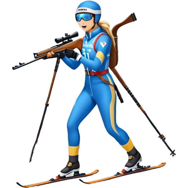 An icon showing a biathlete skiing on a snow-covered Olympic track with a rifle on their back. Cheering fans fill the stands. Majestic mountains, snowy trees, and a bright blue sky complete the scenic winter landscape. Transparent background captures the spirit of biathlon. emoji