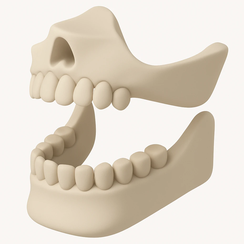 A human jawbone in a minimalist 3D style, focusing on the basic shapes and structure of the teeth. emoji