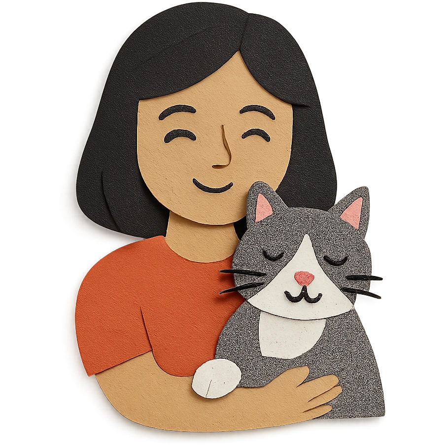 mulher de cabelo preto com gato frajola cinza em estilo paper craft emoji