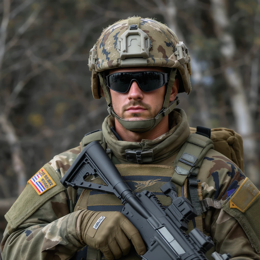 realistic soldier, camouflage uniform, holding rifle, standing at attention, detailed, photorealistic emoji