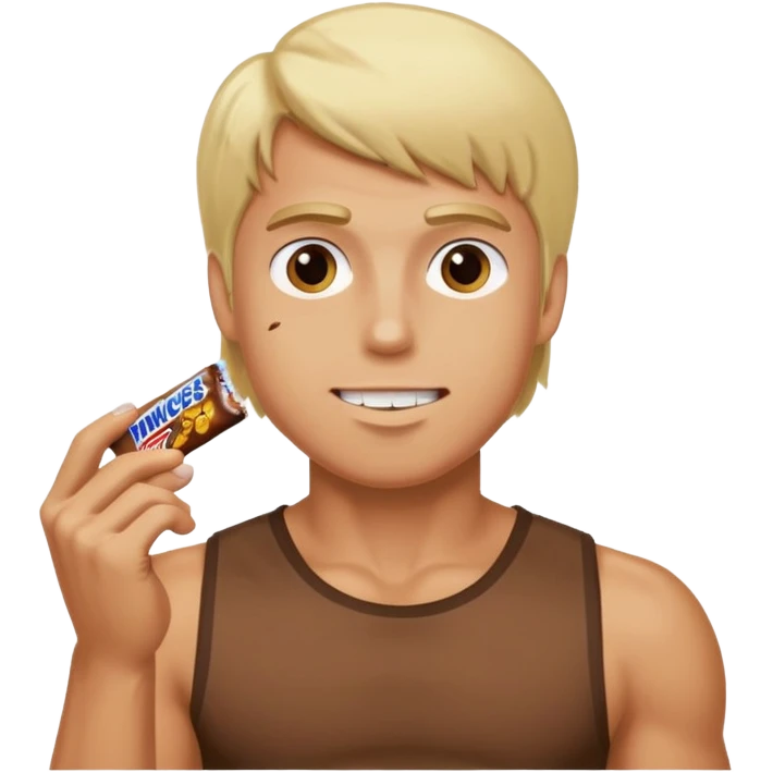 men with blond hairs and a good body eat a snickers emoji