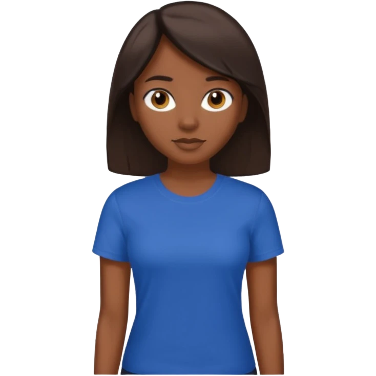  Una donna con una maglietta a mezze maniche blu scuro, i capelli lisci,lunghi,castani scuro e gli  occhi marroni emoji