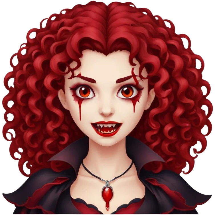 uma vampira com sangue nas presas, branca de cabelo cacheado volumoso emoji