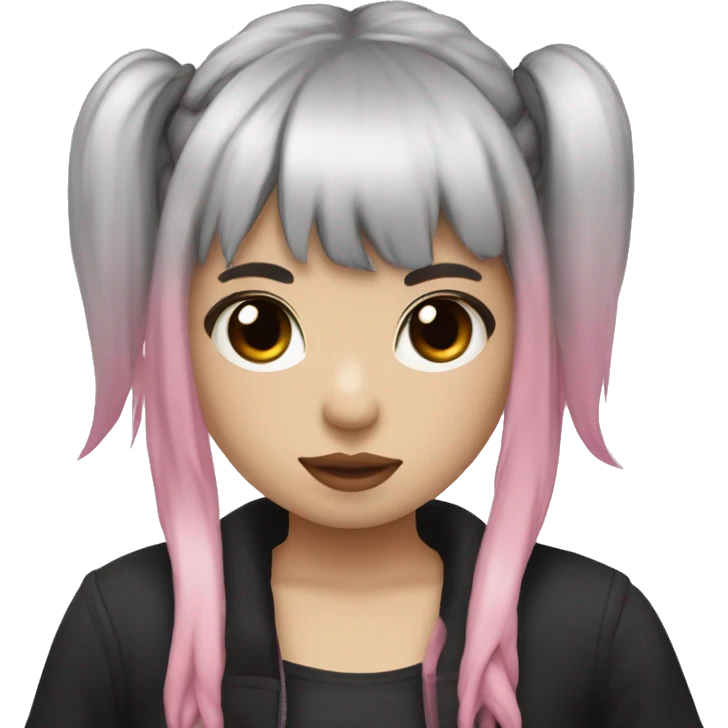 Emo girl with brown hair in pigtails with bangs and pink streaks and pale white skin and a black halter top  emoji