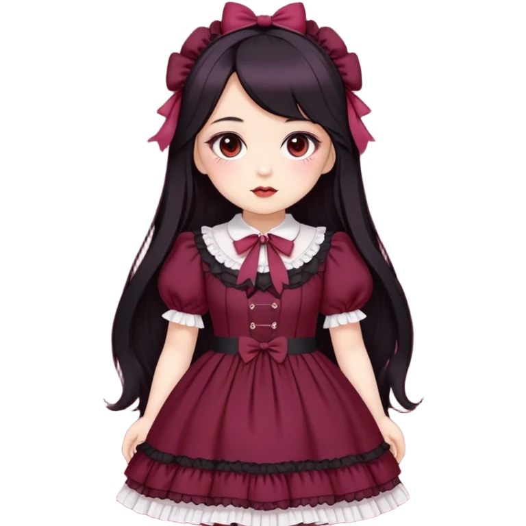 pale  chubby girl , who has long black hair , brown eyes , and doll like makeup , in a burgundy lolita hime gyaru dress  emoji