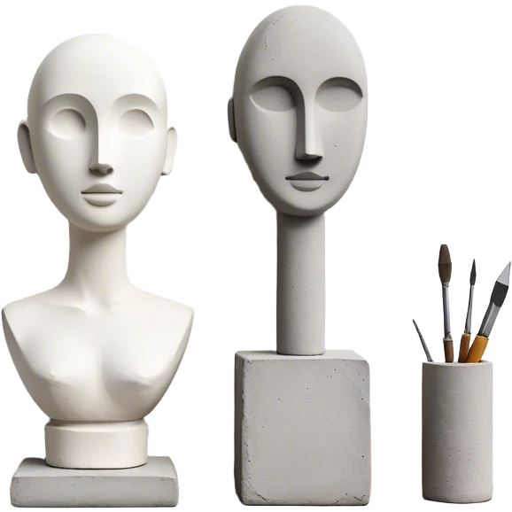 Plaster sculpture and concrete sculpture, small and large, standing side by side, simple and textured, sculpting tools nearby, minimalistic, on a white background, no extra details. emoji
