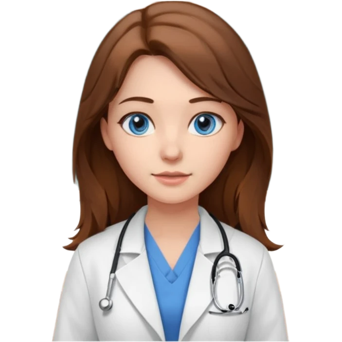 pretty female nursing student with long brown hair, blue eyes inside a classroom at university with blackboard behind her emoji