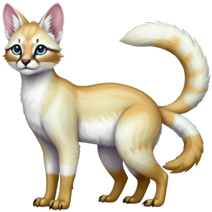 Colorful tropical pearly-albino-white iridescent glorious divine exotic cute cool beautiful shiny beautiful fantasy-caracal-civet-genet-sergal-vernid-Cacomistle-oncilla-animal-Fakémon-hybrid-fursona with tufted ears (full body) emoji