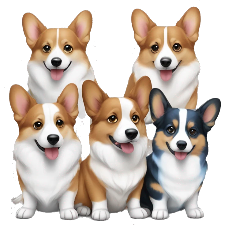 Three corgis sitting together with no tails. One is a red headed tri, one is a black headed tri, and one is a blue Merle with blue eyes emoji