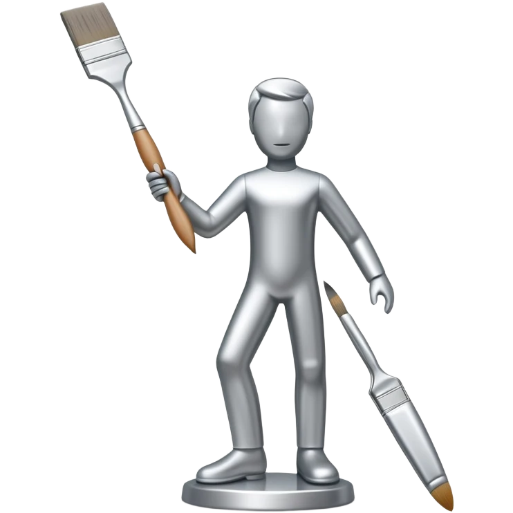 A paintbrush that transforms into a human metal silver silhouette sculpture, symbol of artistic identity, with a polished silver metallic finish emoji