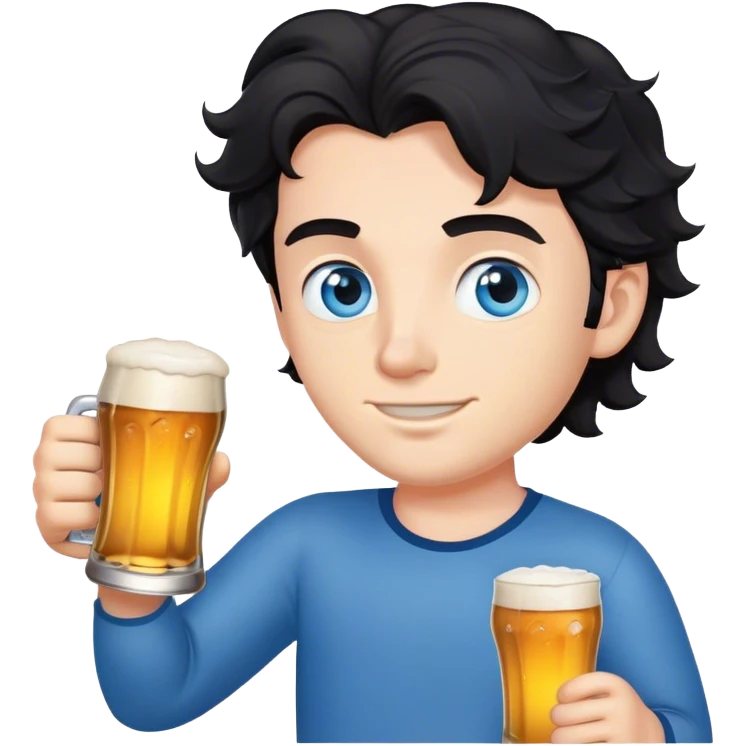 white guy blue eyes wavy black hair holding beer emoji