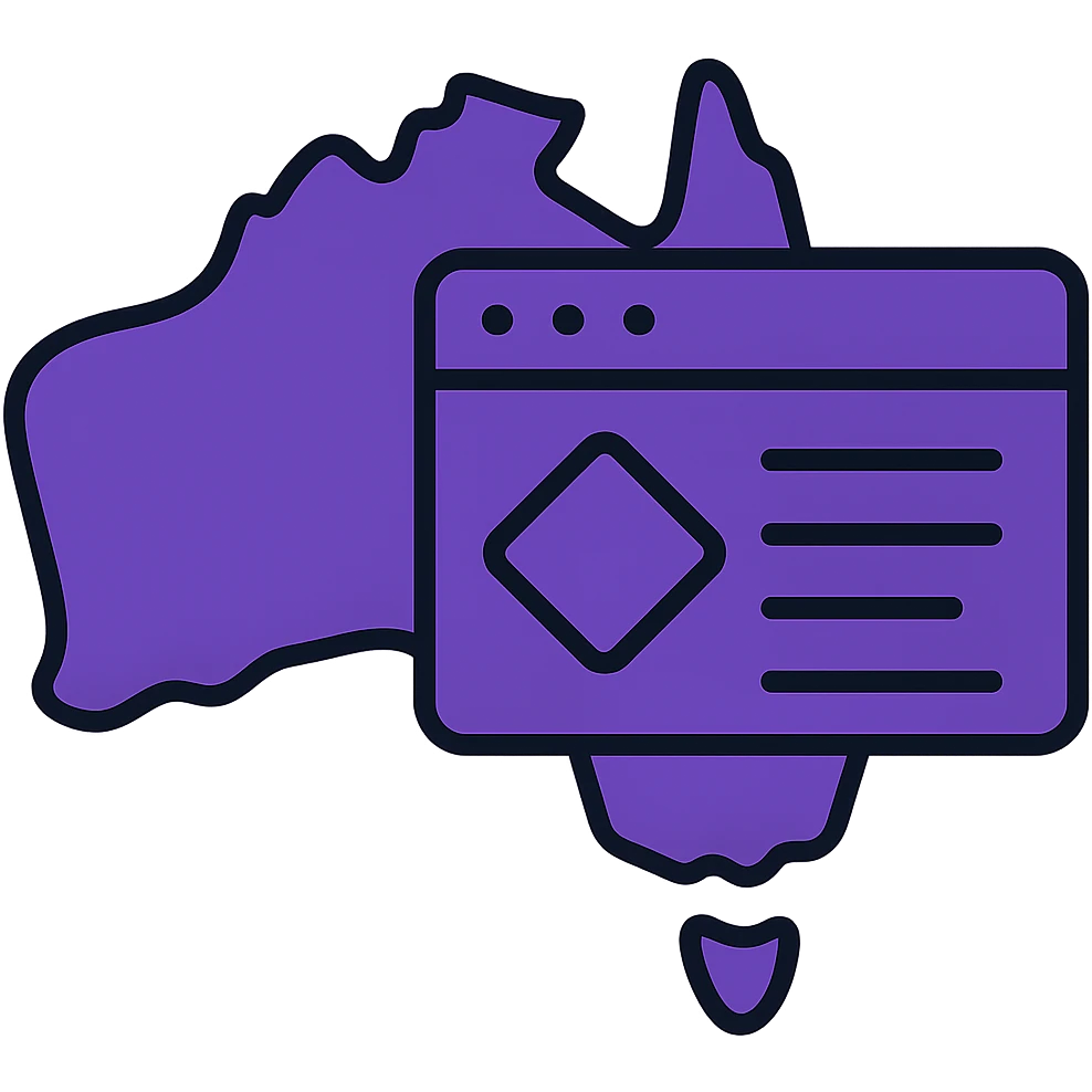 Update the map of Australia with digital web page overlay icon to use #403DAD as the main and dominant color throughout, keeping the modern and techy look, no text emoji
