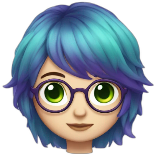 chibi, short blue and purple hair, green eyes, glasses emoji