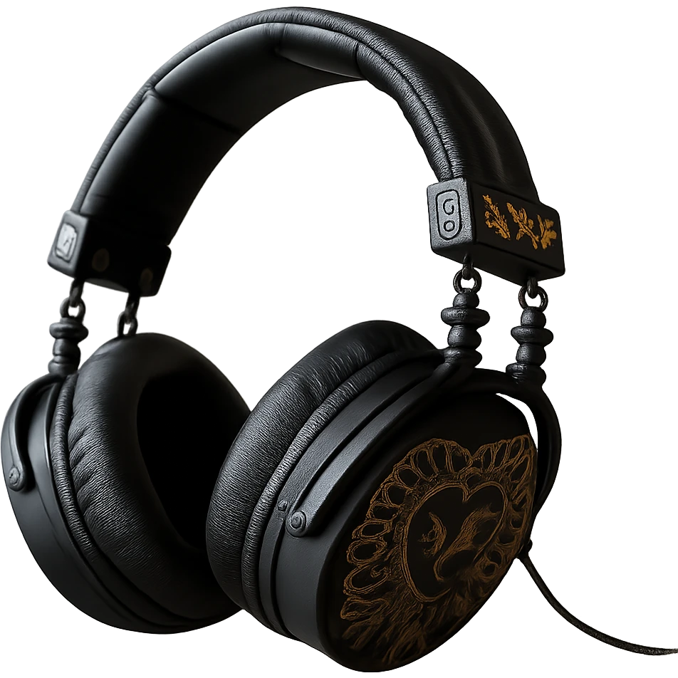 Remove the background, keep only the realistic black gothic headphones with heart-shaped ear cups, metallic chains, and gothic engravings, photorealistic style, with no background. emoji
