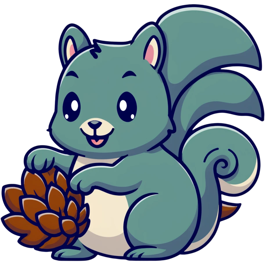 Greedy little squirrel with a large pine cone balanced on top of its head, with an unsettling strange expression, looking hungry emoji