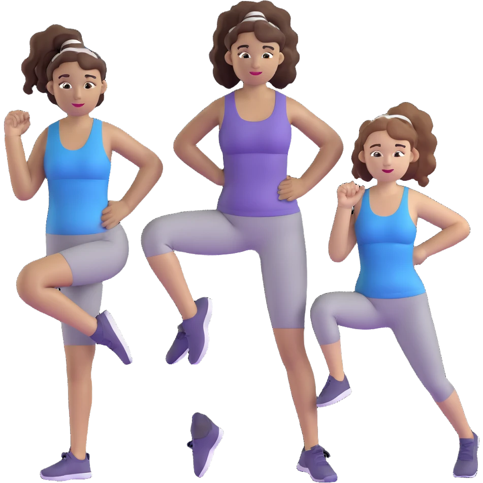 three women friends exercising together, one black woman with curly brown hair, one pale white woman with curly brown hair, and one white woman with straight brown hair in a ponytail emoji