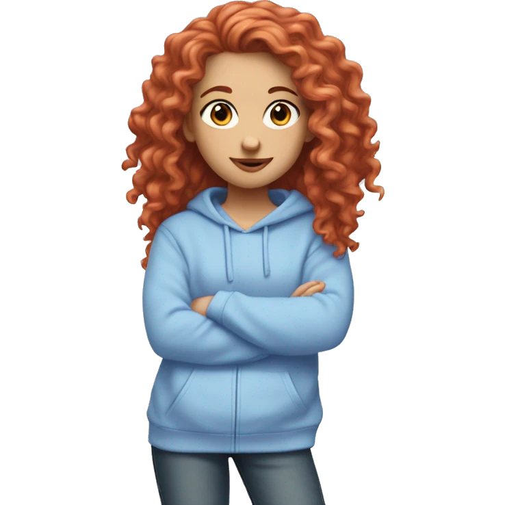 white girl with long red curly hair, wearing a pastel periwinkle hoodie doing a pose emoji