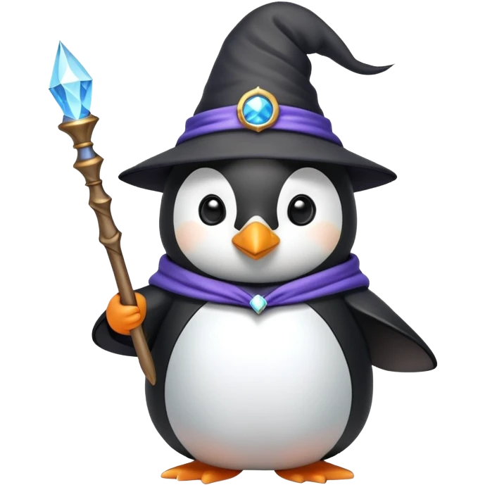 A cute penguin wearing a wizard hat and robe, holding a magic wand emoji