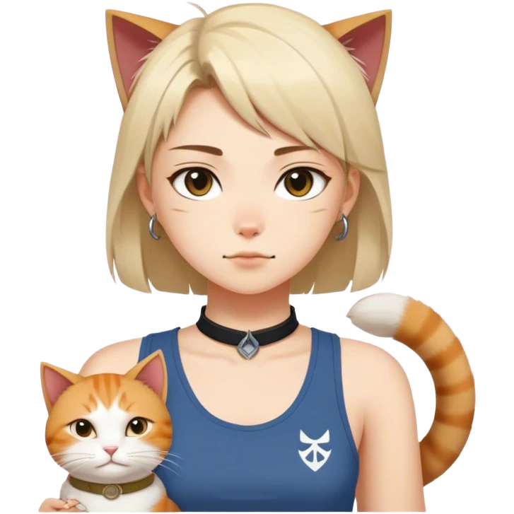 Beautiful girl with "ryu" written on toptank and a cat with "odin" written on collar tag emoji